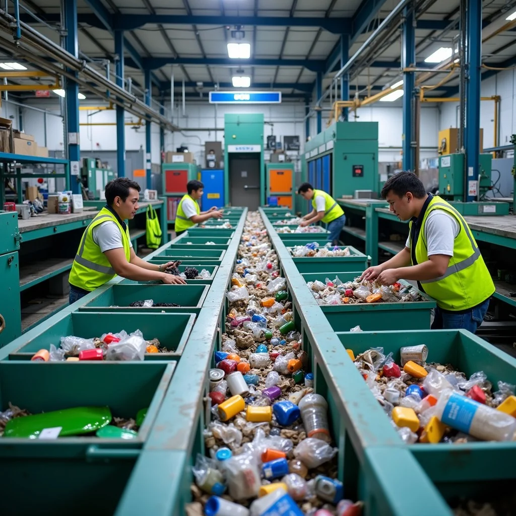 Workers sorting recyclables on conveyor belt at recycling facility